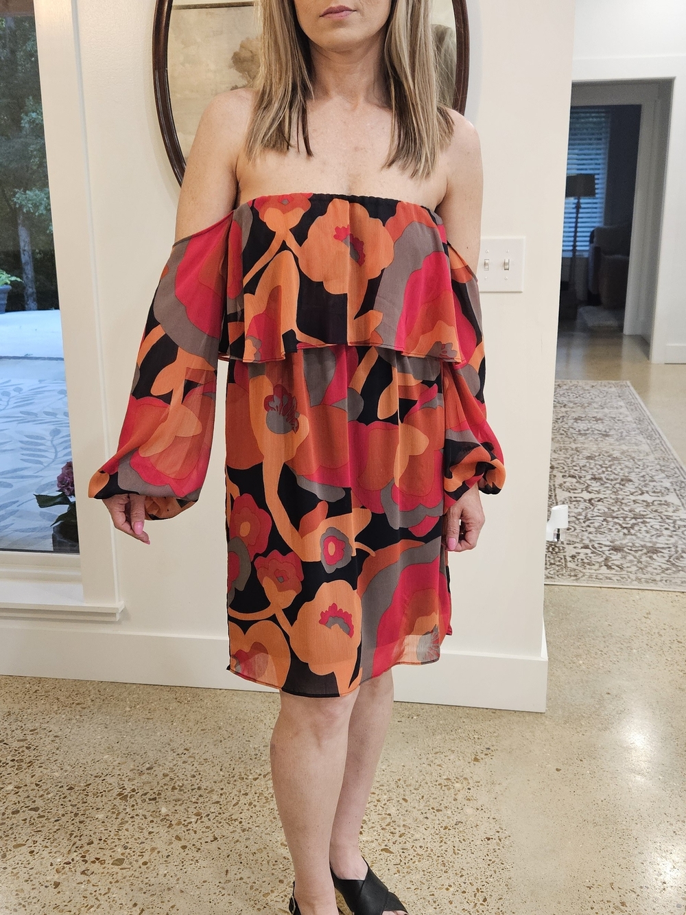 Judith March Women's Orange and Pink Off-Shoulder Floral Dress. Size L